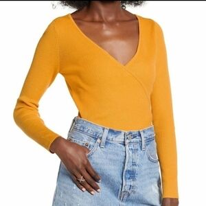 NEW Leith Faux Wrap Yellow Mustard Sweater